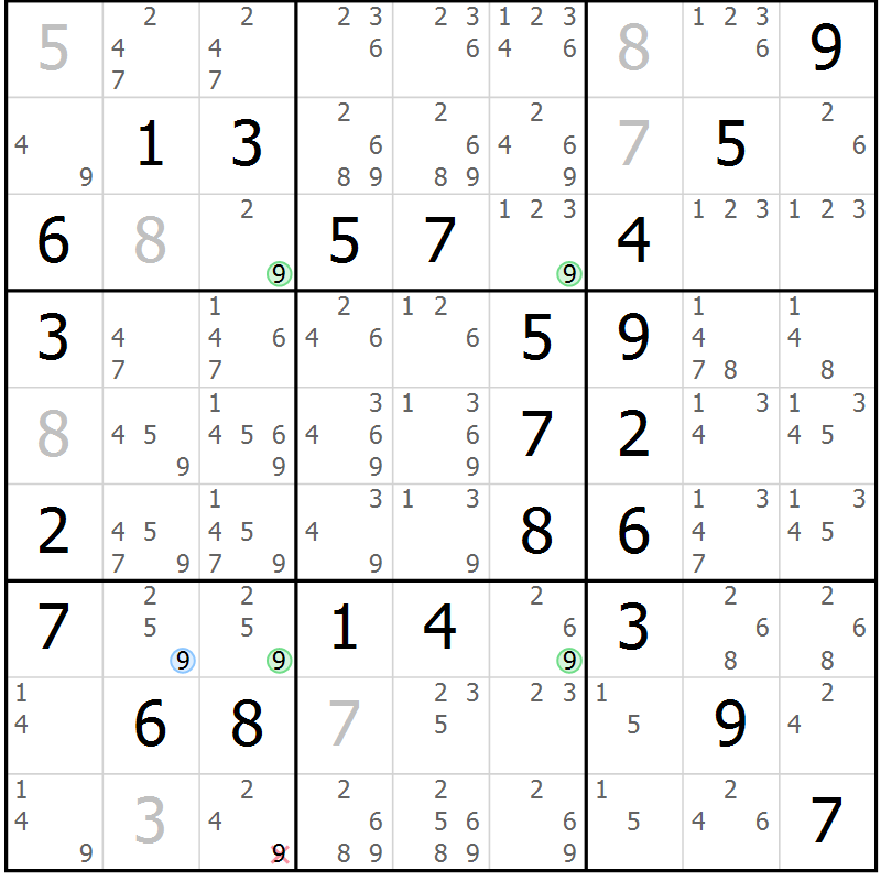 Position des candidats pour la solution de la Gr 61 page 64 du magazine de sudoku Virtuose n° 113