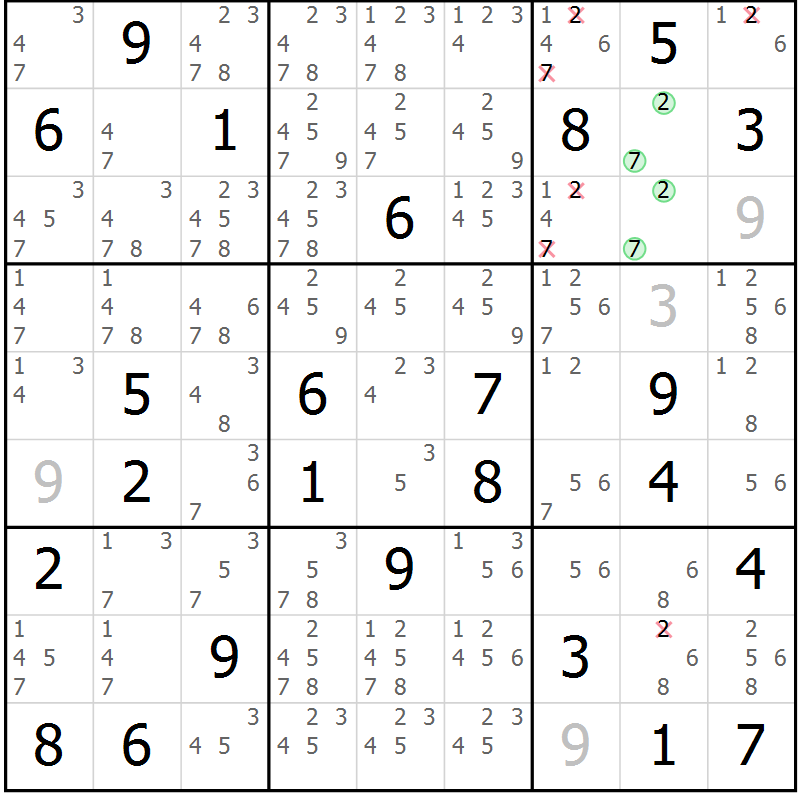 Position des candidats pour la solution de la Gr 62 page 65 du magazine de sudoku Virtuose n° 113