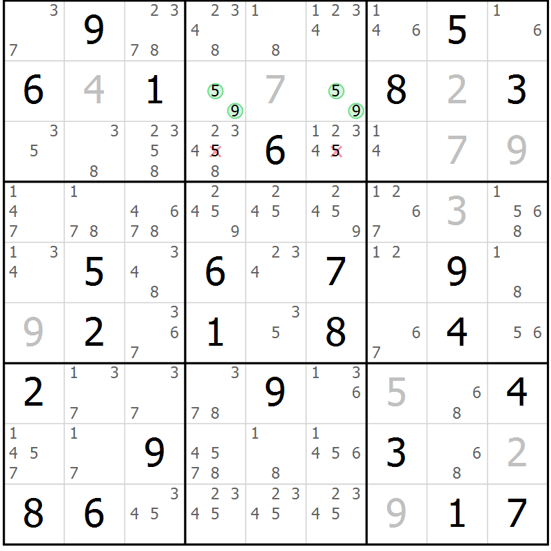 Position des candidats pour la solution de la Gr 62 page 65 du magazine de sudoku Virtuose n° 113