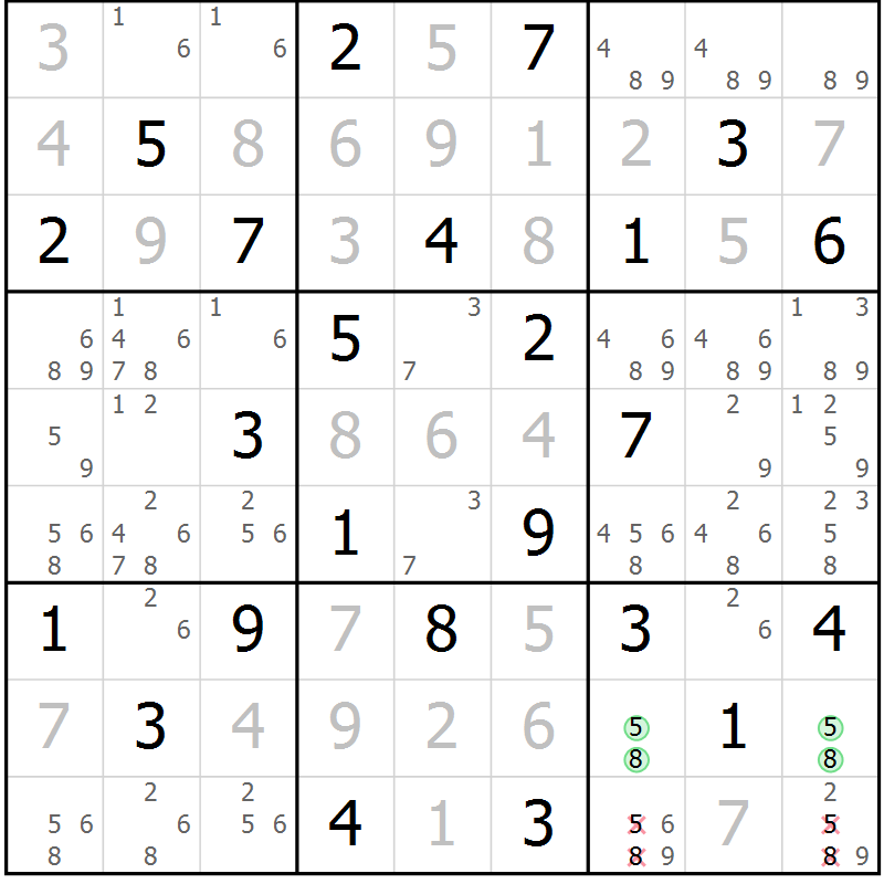 Position des candidats pour la solution de la Gr 63 page 66 du magazine de sudoku Virtuose n° 113