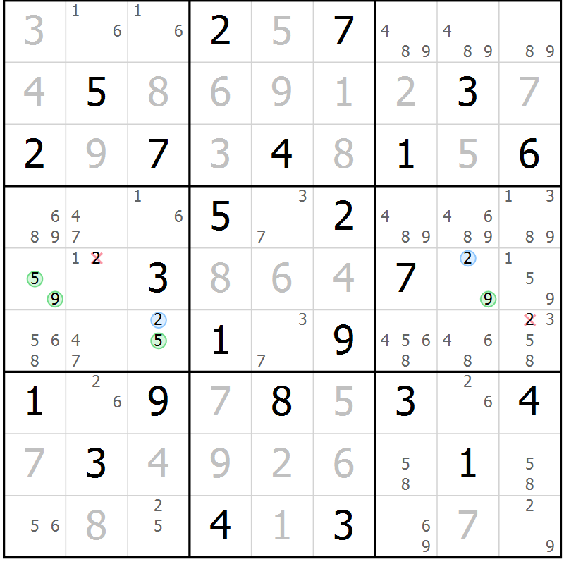 Position des candidats pour la solution de la Gr 63 page 66 du magazine de sudoku Virtuose n° 113