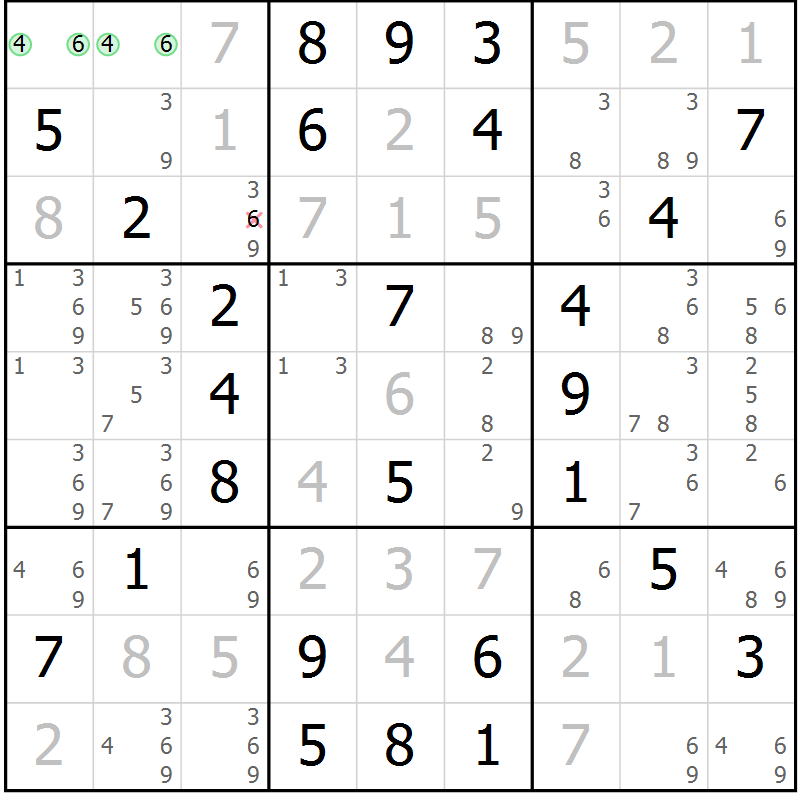 Position des candidats pour la solution de la Gr 64 page 67 du magazine de sudoku Virtuose n° 113