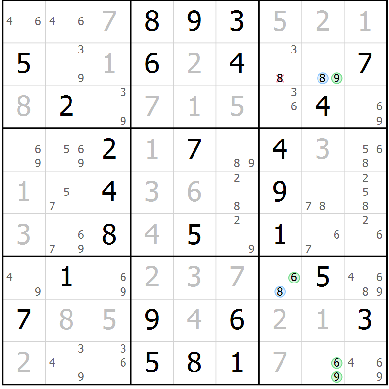 Position des candidats pour la solution de la Gr 64 page 67 du magazine de sudoku Virtuose n° 113