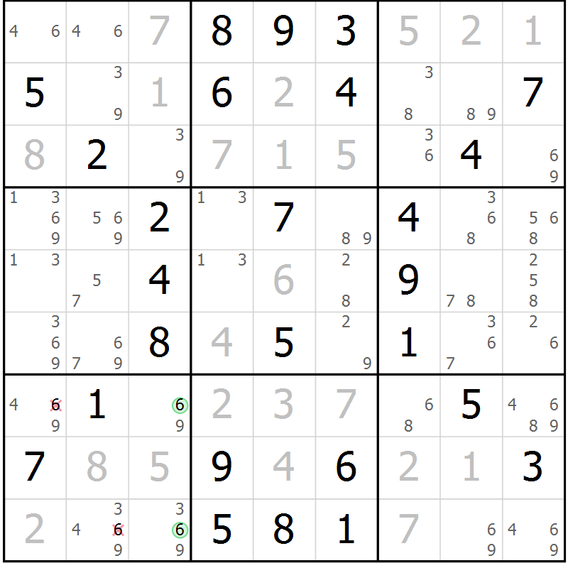 Position des candidats pour la solution de la Gr 64 page 67 du magazine de sudoku Virtuose n° 113