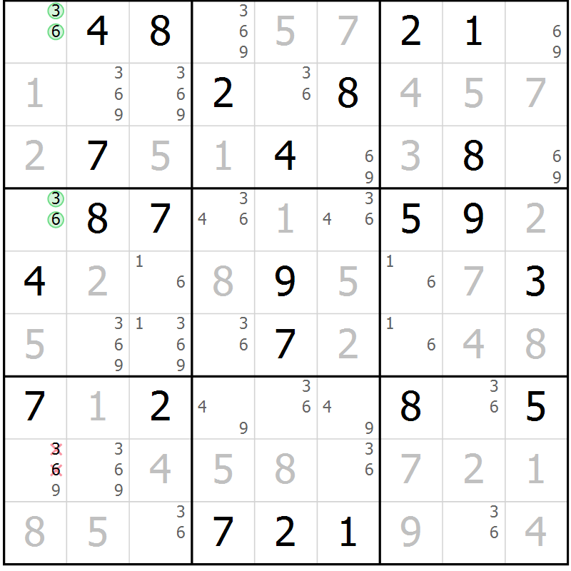 Position des candidats pour la solution de la Gr 65 page 68 du magazine de sudoku Virtuose n° 113