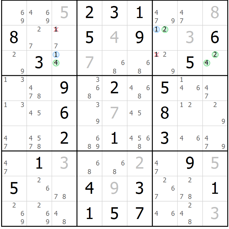 Position des candidats pour la solution de la Gr 66 page 69 du magazine de sudoku Virtuose n° 113