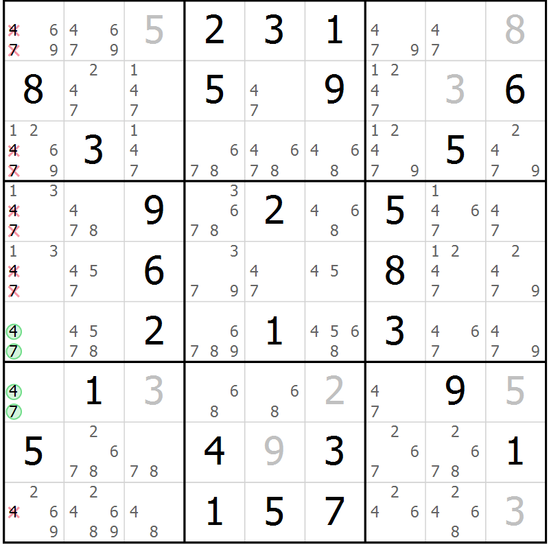Position des candidats pour la solution de la Gr 66 page 69 du magazine de sudoku Virtuose n° 113