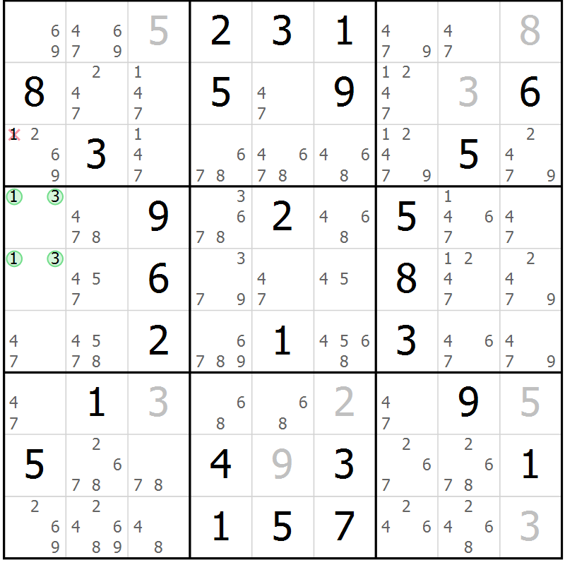 Position des candidats pour la solution de la Gr 66 page 69 du magazine de sudoku Virtuose n° 113