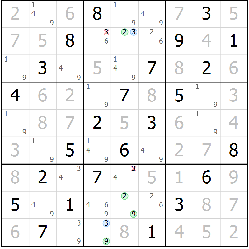 Position des candidats pour la solution de la Gr 67 page 70 du magazine de sudoku Virtuose n° 113