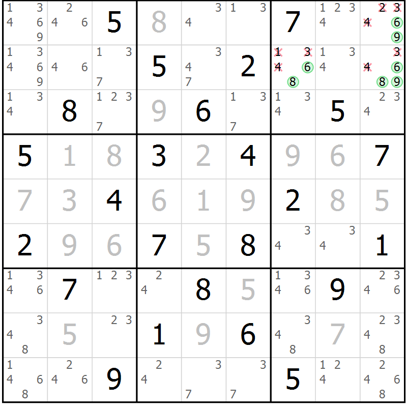 Position des candidats pour la solution de la Gr 68 page 71 du magazine de sudoku Virtuose n° 113