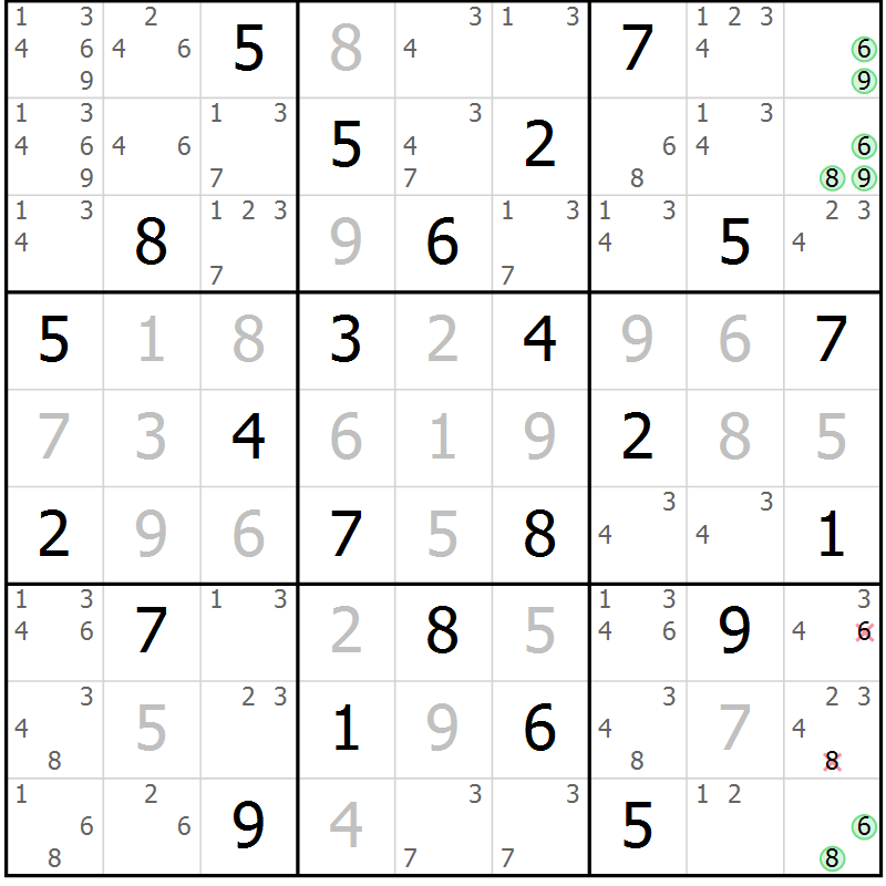 Position des candidats pour la solution de la Gr 68 page 71 du magazine de sudoku Virtuose n° 113