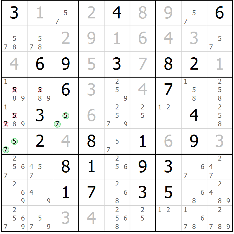 Position des candidats pour la solution de la Gr 69 page 72 du magazine de sudoku Virtuose n° 113