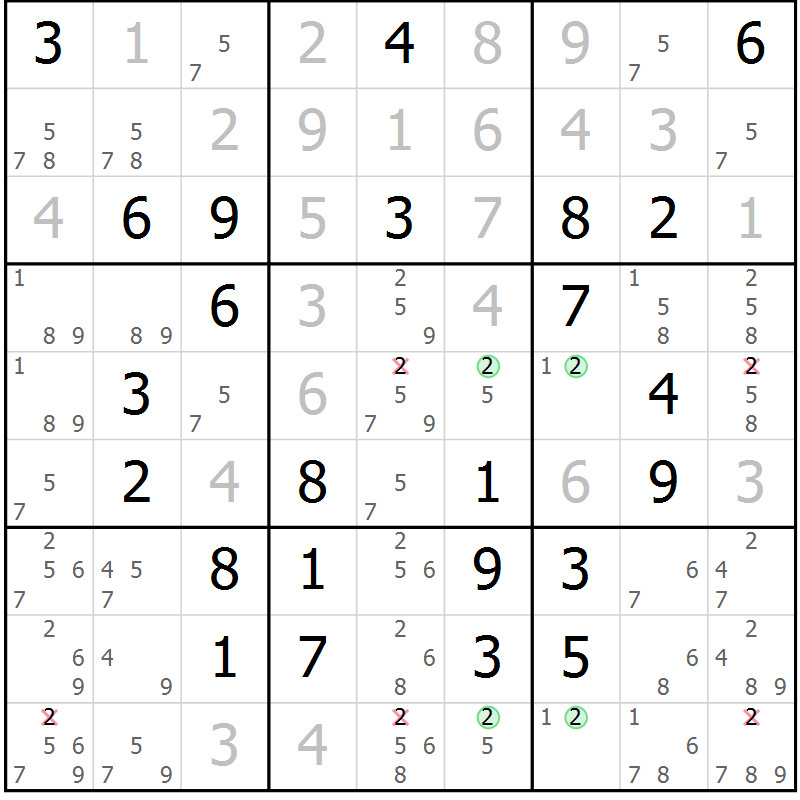 Position des candidats pour la solution de la Gr 69 page 72 du magazine de sudoku Virtuose n° 113