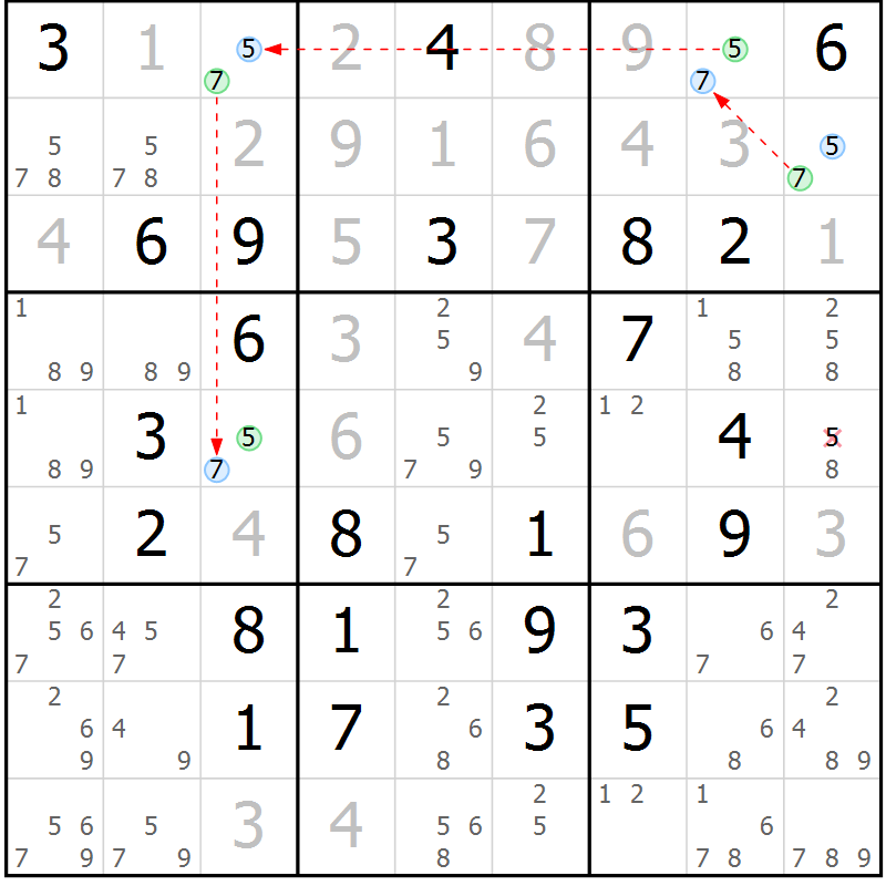 Position des candidats pour la solution de la Gr 69 page 72 du magazine de sudoku Virtuose n° 113