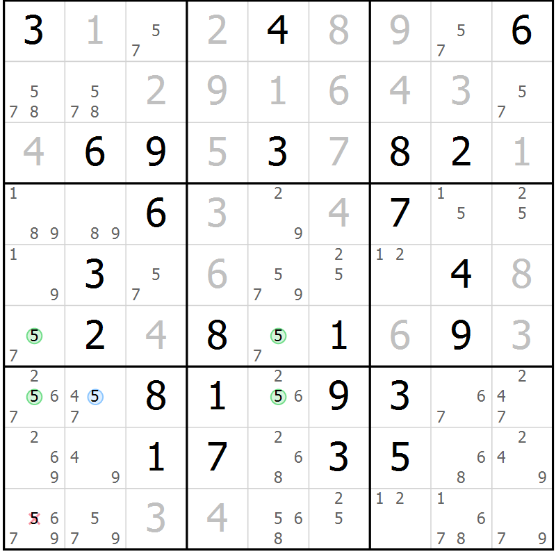 Position des candidats pour la solution de la Gr 69 page 72 du magazine de sudoku Virtuose n° 113