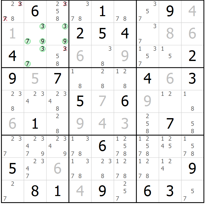 Position des candidats pour la solution de la Gr 70 page 73 du magazine de sudoku Virtuose n° 113
