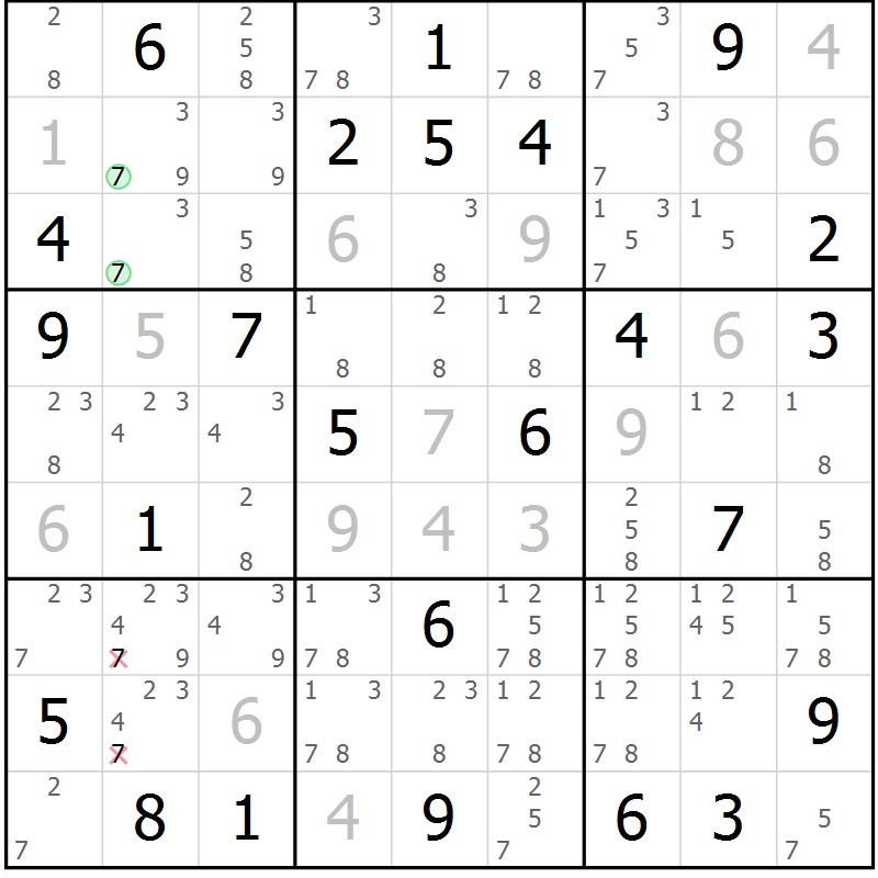 Position des candidats pour la solution de la Gr 70 page 73 du magazine de sudoku Virtuose n° 113