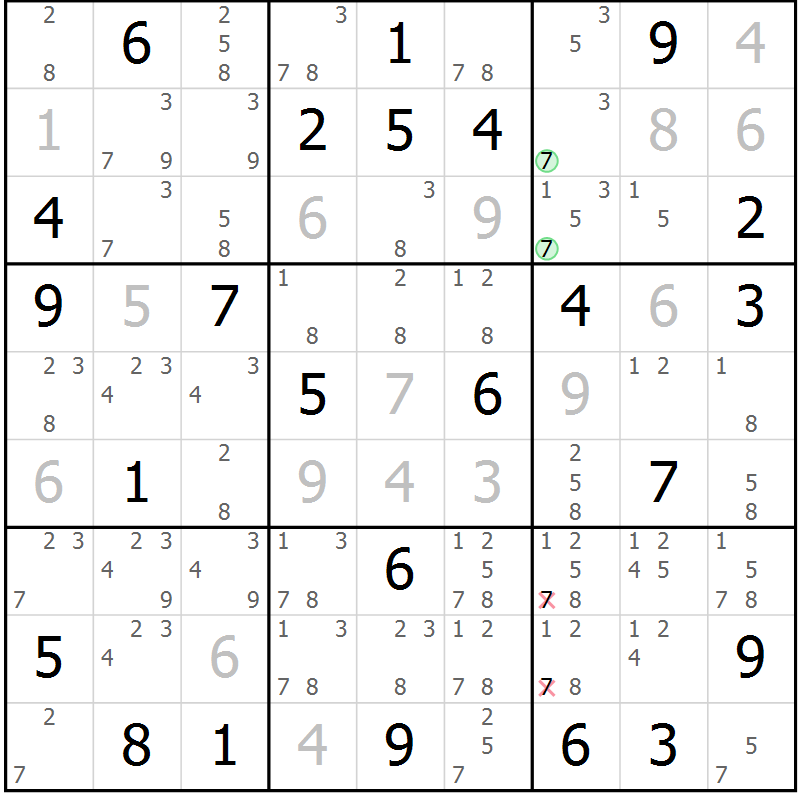 Position des candidats pour la solution de la Gr 70 page 73 du magazine de sudoku Virtuose n° 113