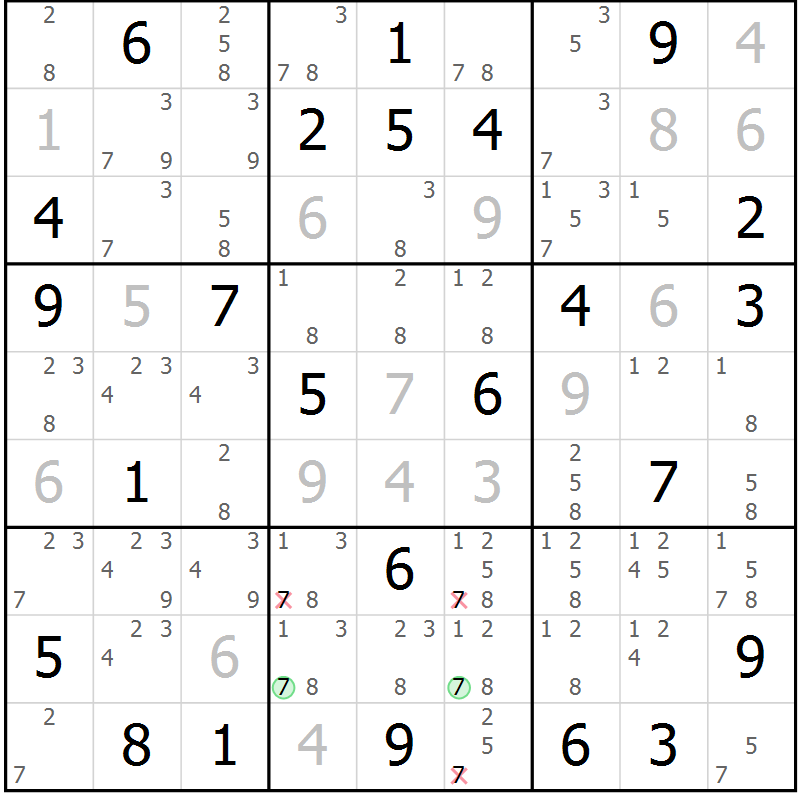Position des candidats pour la solution de la Gr 70 page 73 du magazine de sudoku Virtuose n° 113
