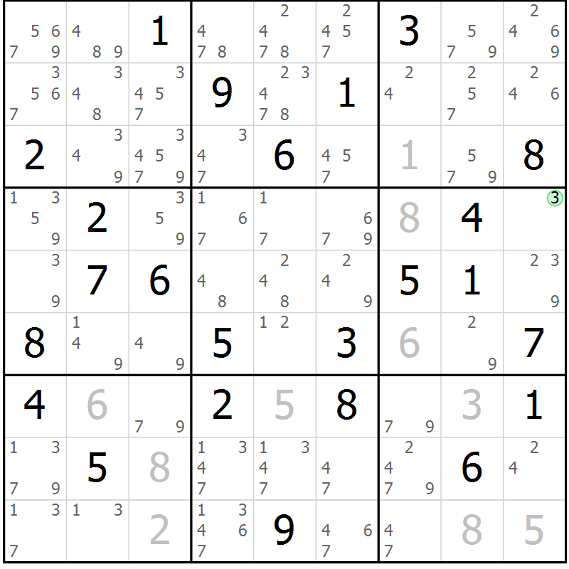 Position des candidats pour la solution de la Gr 71 page 74 du magazine de sudoku Virtuose n° 113