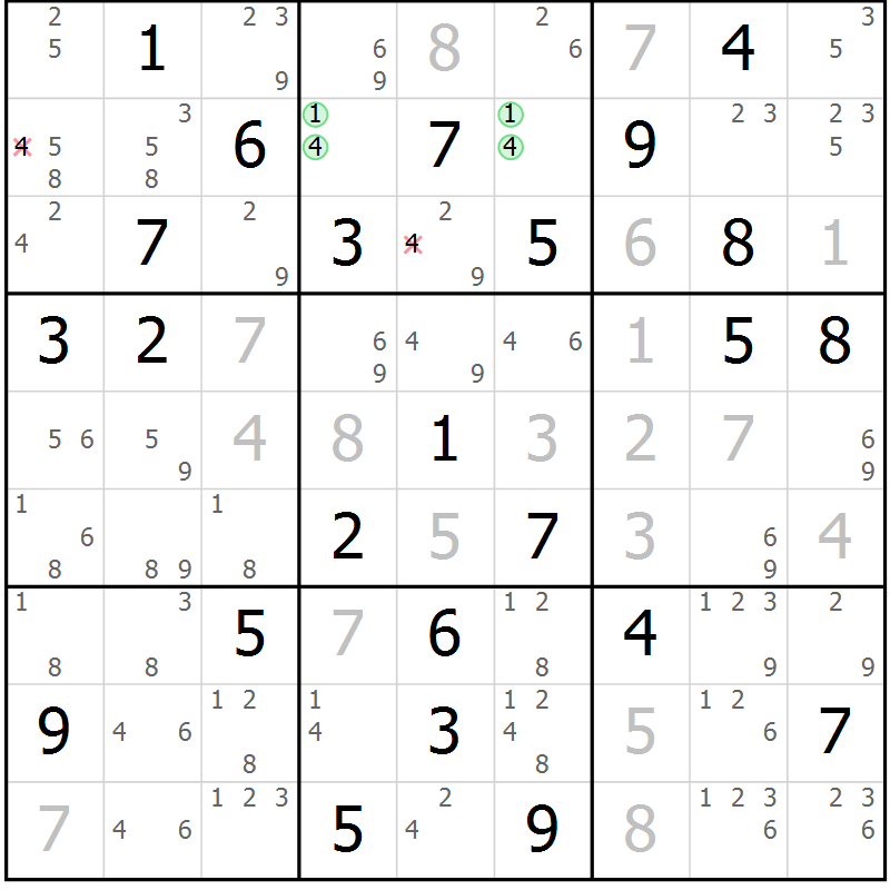 Position des candidats pour la solution de la Gr 72 page 75 du magazine de sudoku Virtuose n° 113
