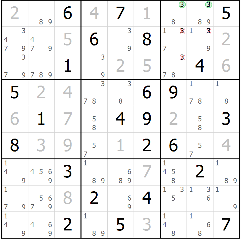 Position des candidats pour la solution de la Gr 73 page 76 du magazine de sudoku Virtuose n° 113
