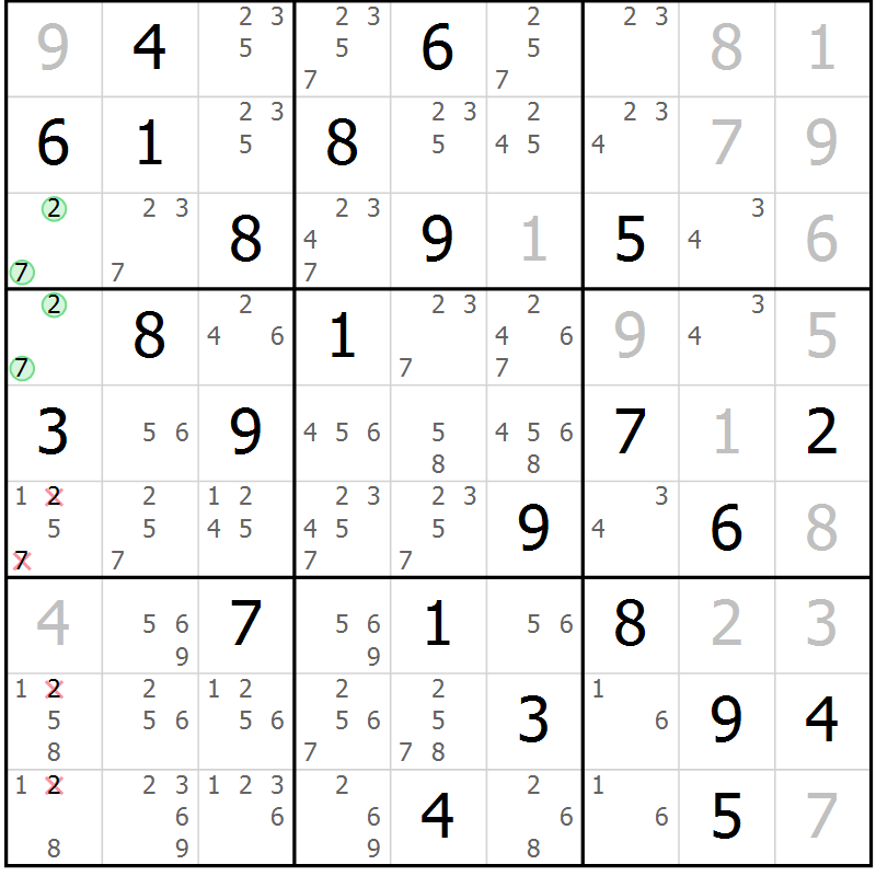 Position des candidats pour la solution de la Gr 74 page 77 du magazine de sudoku Virtuose n° 113