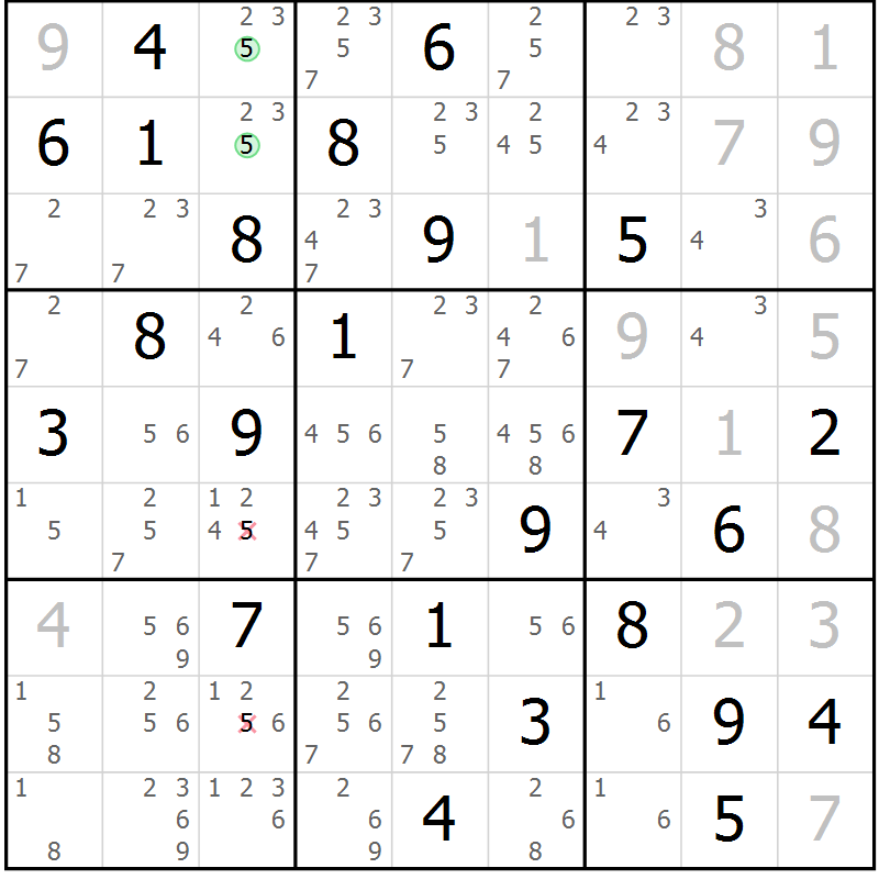 Position des candidats pour la solution de la Gr 74 page 77 du magazine de sudoku Virtuose n° 113