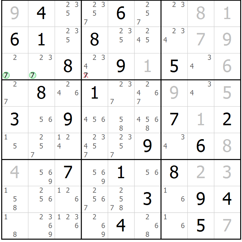 Position des candidats pour la solution de la Gr 74 page 77 du magazine de sudoku Virtuose n° 113