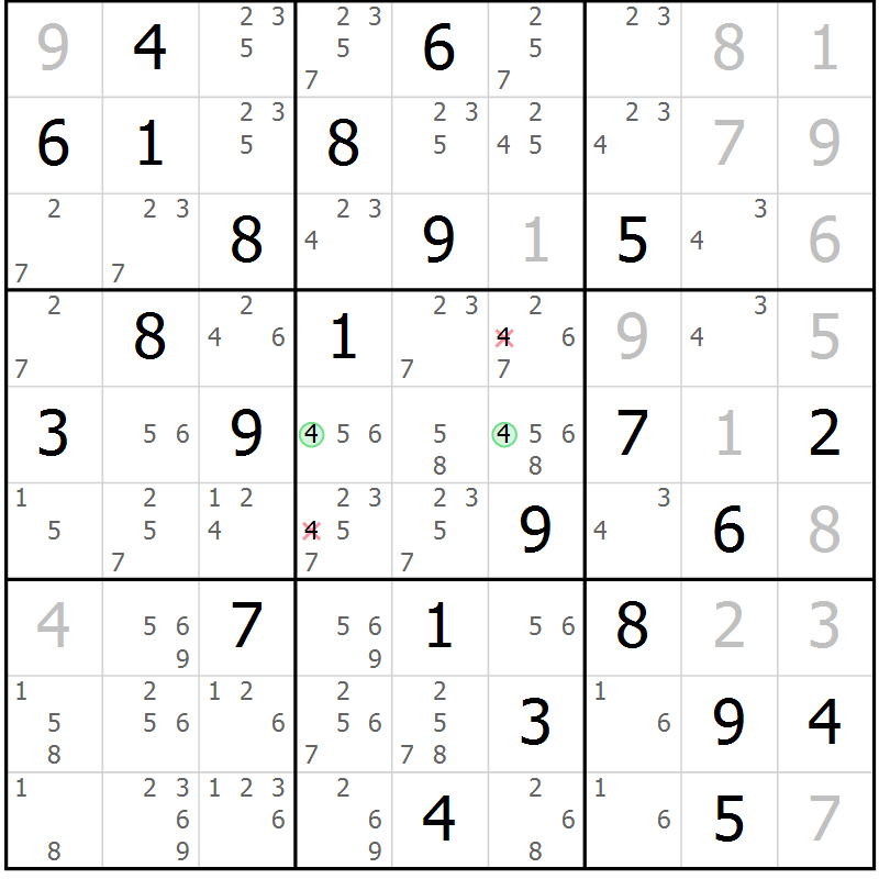 Position des candidats pour la solution de la Gr 74 page 77 du magazine de sudoku Virtuose n° 113