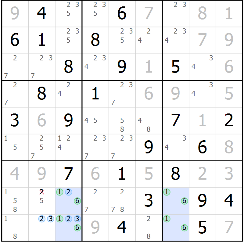 Position des candidats pour la solution de la Gr 74 page 77 du magazine de sudoku Virtuose n° 113