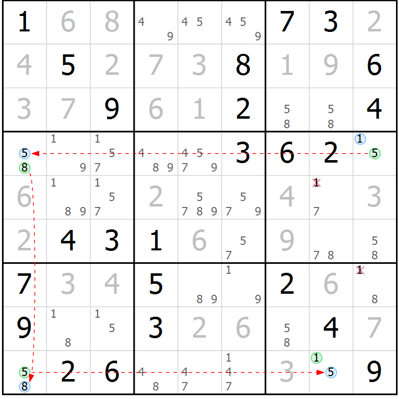 Position des candidats pour la solution de la Gr 75 page 78 du magazine de sudoku Virtuose n° 113