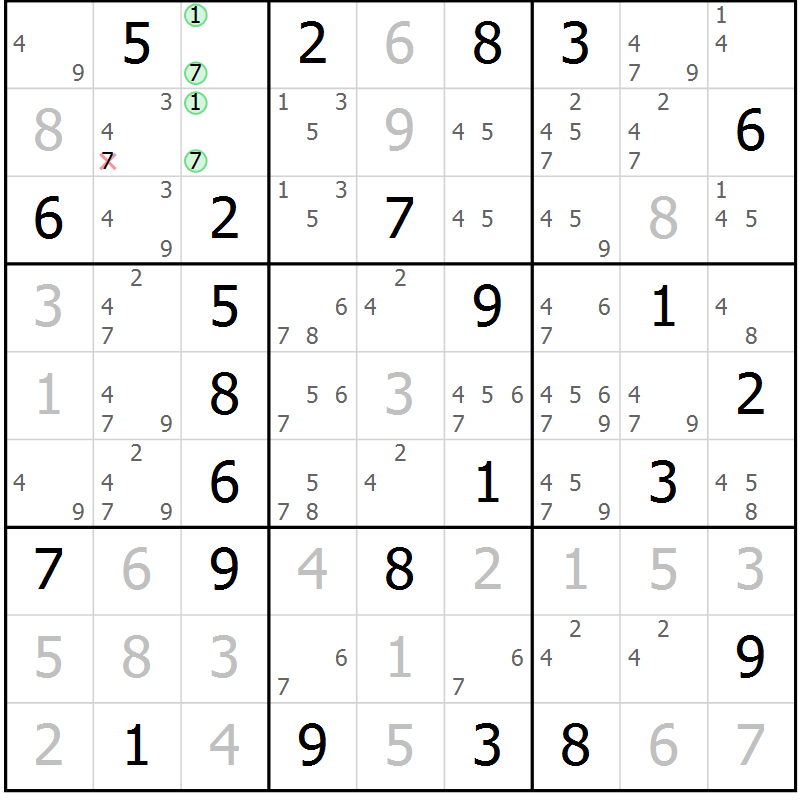 Position des candidats pour la solution de la Gr 76 page 79 du magazine de sudoku Virtuose n° 113