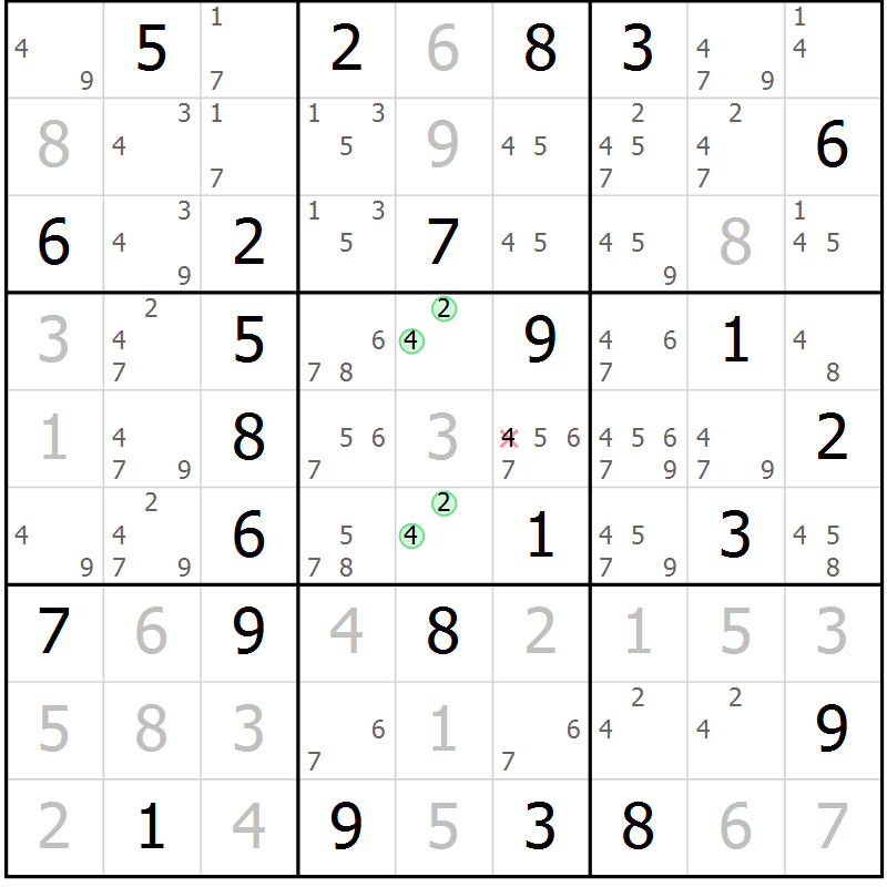 Position des candidats pour la solution de la Gr 76 page 79 du magazine de sudoku Virtuose n° 113