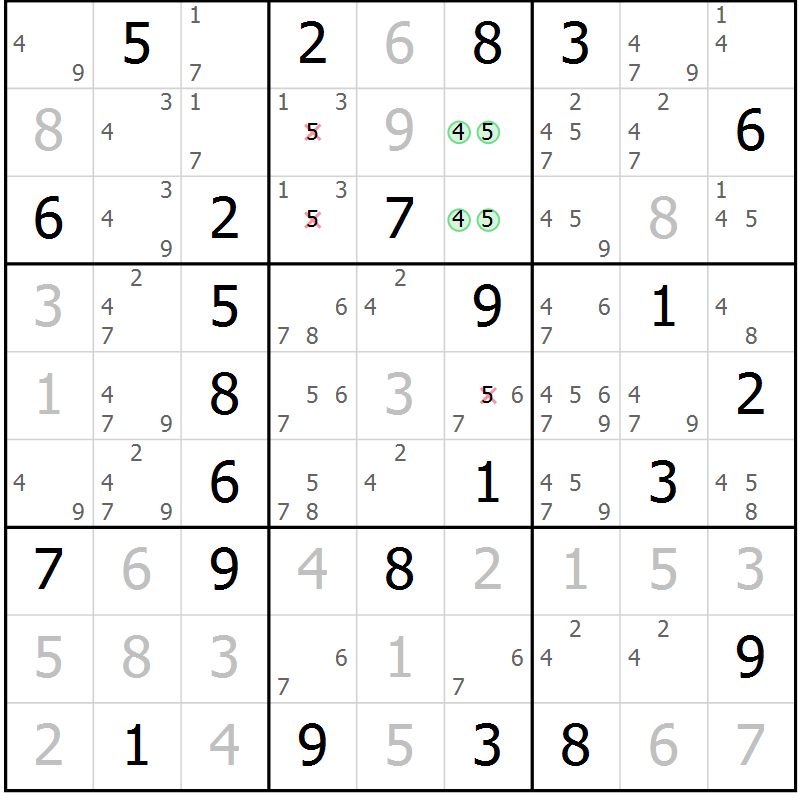 Position des candidats pour la solution de la Gr 76 page 79 du magazine de sudoku Virtuose n° 113