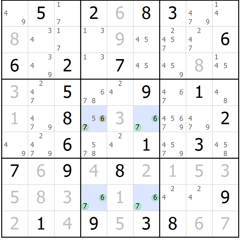 Position des candidats pour la solution de la Gr 76 page 79 du magazine de sudoku Virtuose n° 113