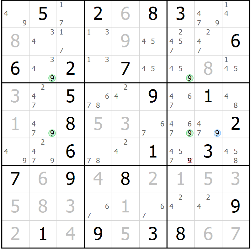 Position des candidats pour la solution de la Gr 76 page 79 du magazine de sudoku Virtuose n° 113