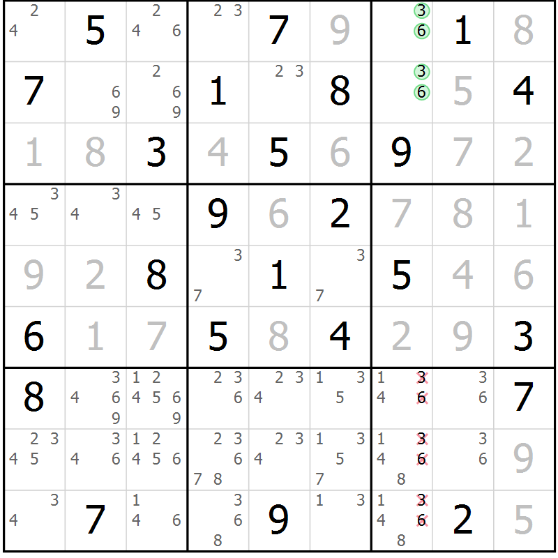 Position des candidats pour la solution de la Gr 77 page 80 du magazine de sudoku Virtuose n° 113