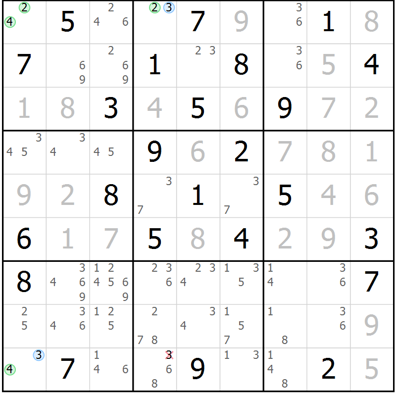 Position des candidats pour la solution de la Gr 77 page 80 du magazine de sudoku Virtuose n° 113