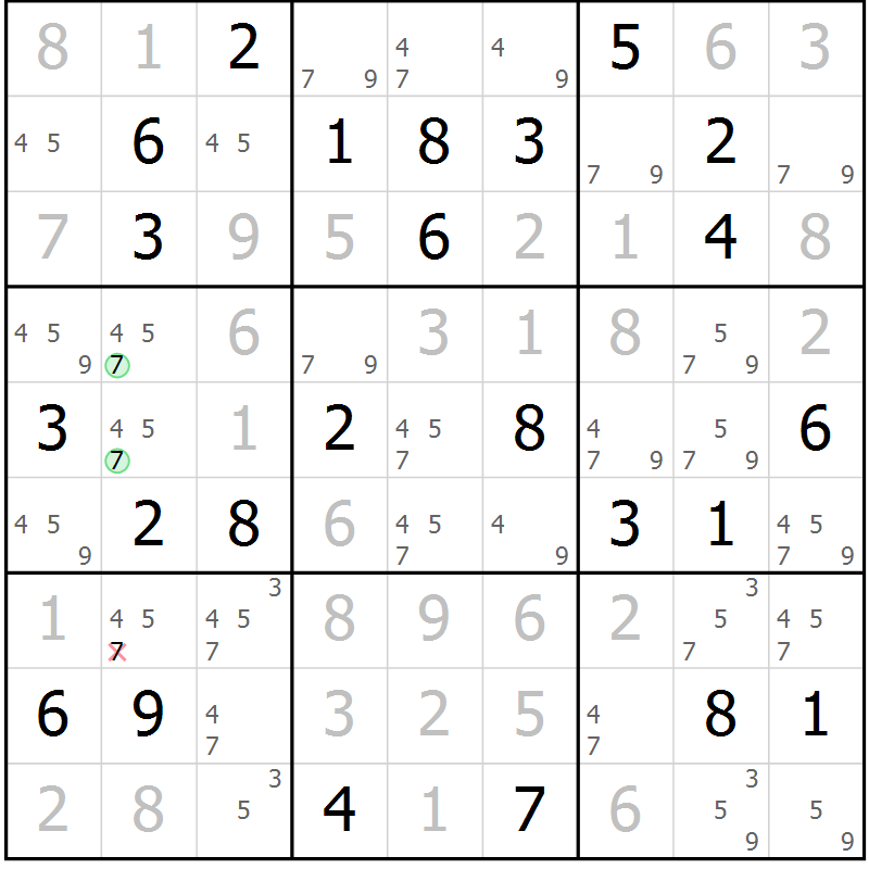 Position des candidats pour la solution de la Gr 78 page 81 du magazine de sudoku Virtuose n° 113