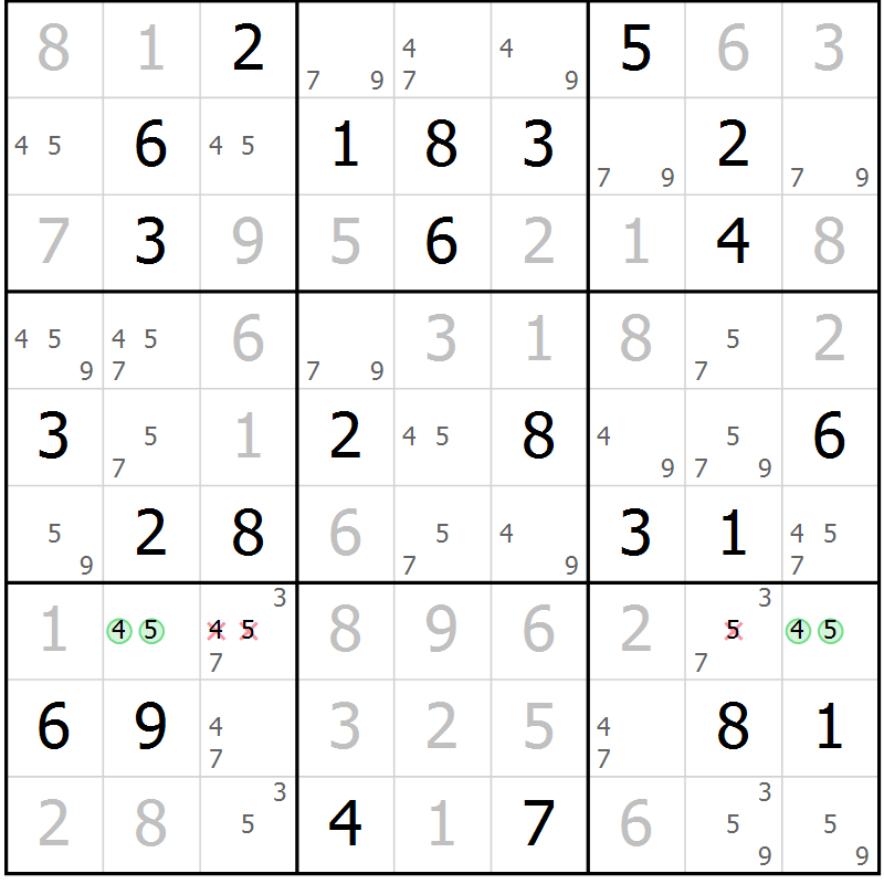 Position des candidats pour la solution de la Gr 78 page 81 du magazine de sudoku Virtuose n° 113