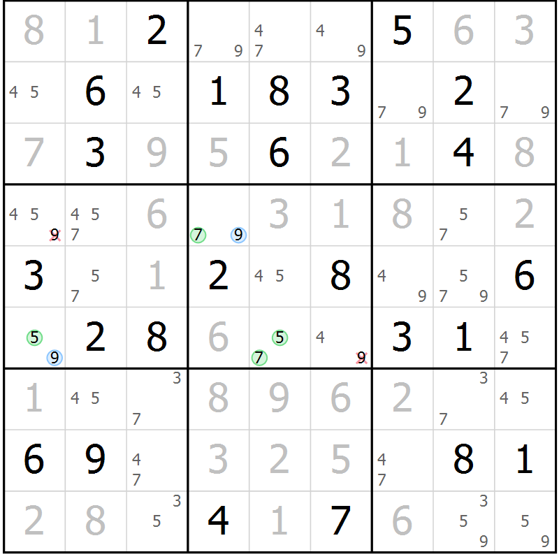 Position des candidats pour la solution de la Gr 78 page 81 du magazine de sudoku Virtuose n° 113