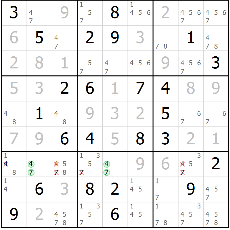 Position des candidats pour la solution de la Gr 79 page 82 du magazine de sudoku Virtuose n° 113