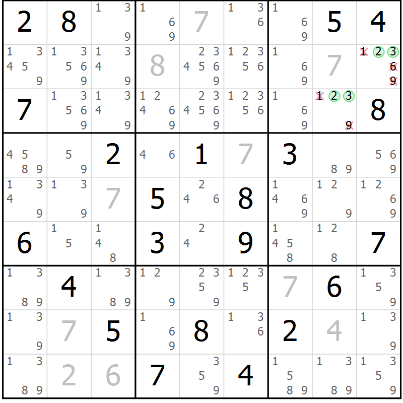 Position des candidats pour la solution de la Gr 8 page 11 du magazine de sudoku Virtuose n° 113