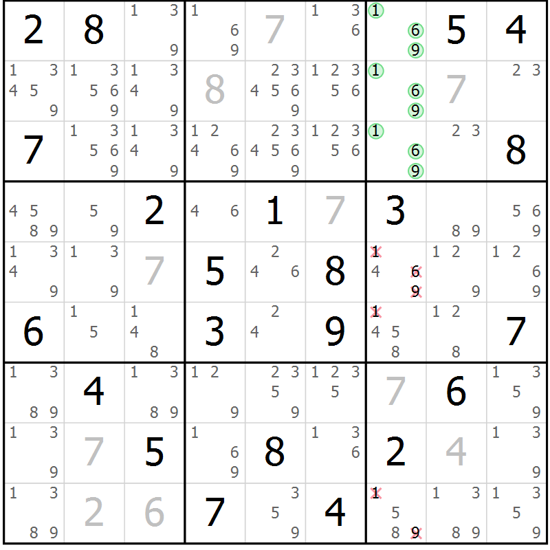 Position des candidats pour la solution de la Gr 8 page 11 du magazine de sudoku Virtuose n° 113