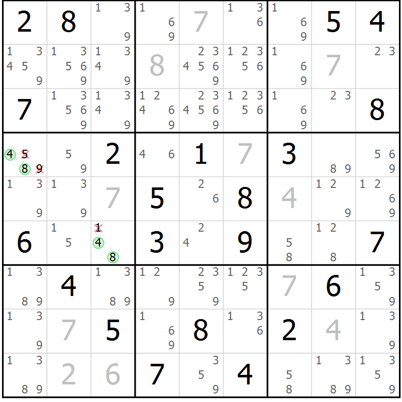 Position des candidats pour la solution de la Gr 8 page 11 du magazine de sudoku Virtuose n° 113