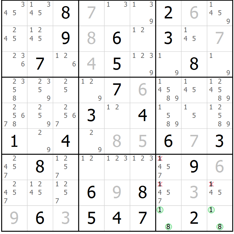 Position des candidats pour la solution de la Gr 81 page 84 du magazine de sudoku Virtuose n° 113