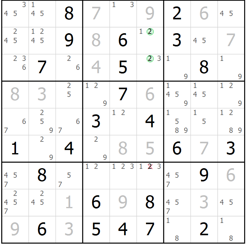 Position des candidats pour la solution de la Gr 81 page 84 du magazine de sudoku Virtuose n° 113