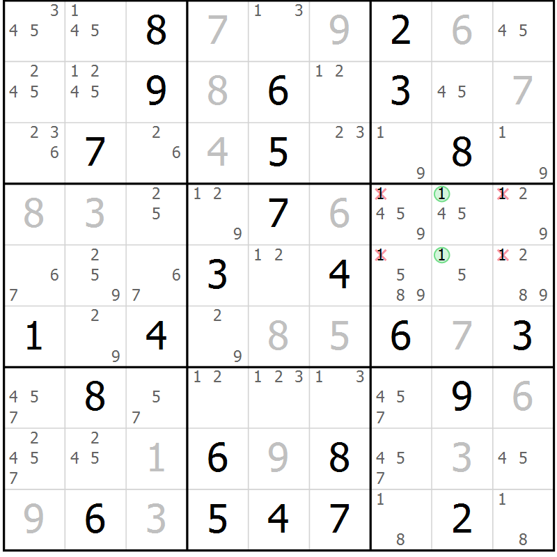 Position des candidats pour la solution de la Gr 81 page 84 du magazine de sudoku Virtuose n° 113