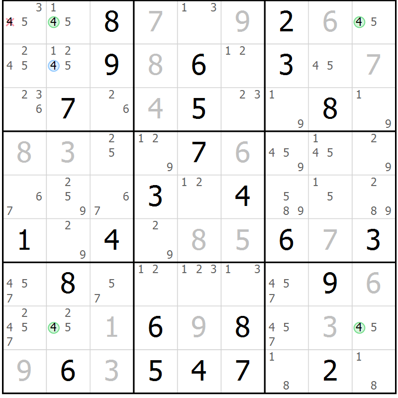 Position des candidats pour la solution de la Gr 81 page 84 du magazine de sudoku Virtuose n° 113